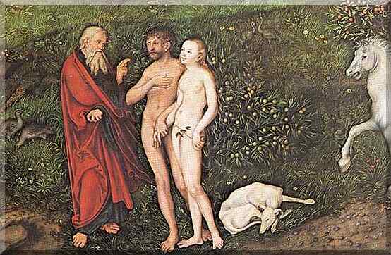 Dio passeggia nel Giardino dell' Eden con Adamo ed Eva